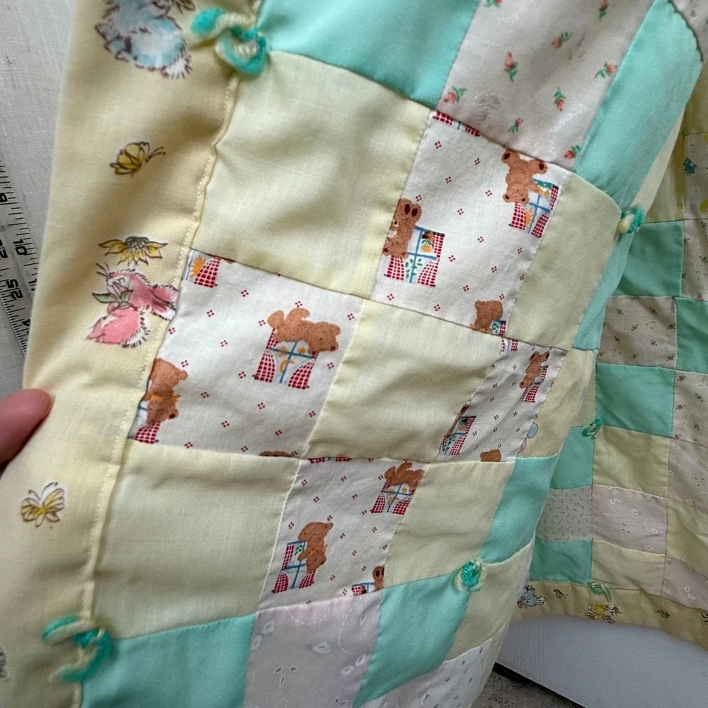 Vintage Handmade Patchwork Baby Quilt Pastel Teddy‎ Bear Bunny Blanket 38x53